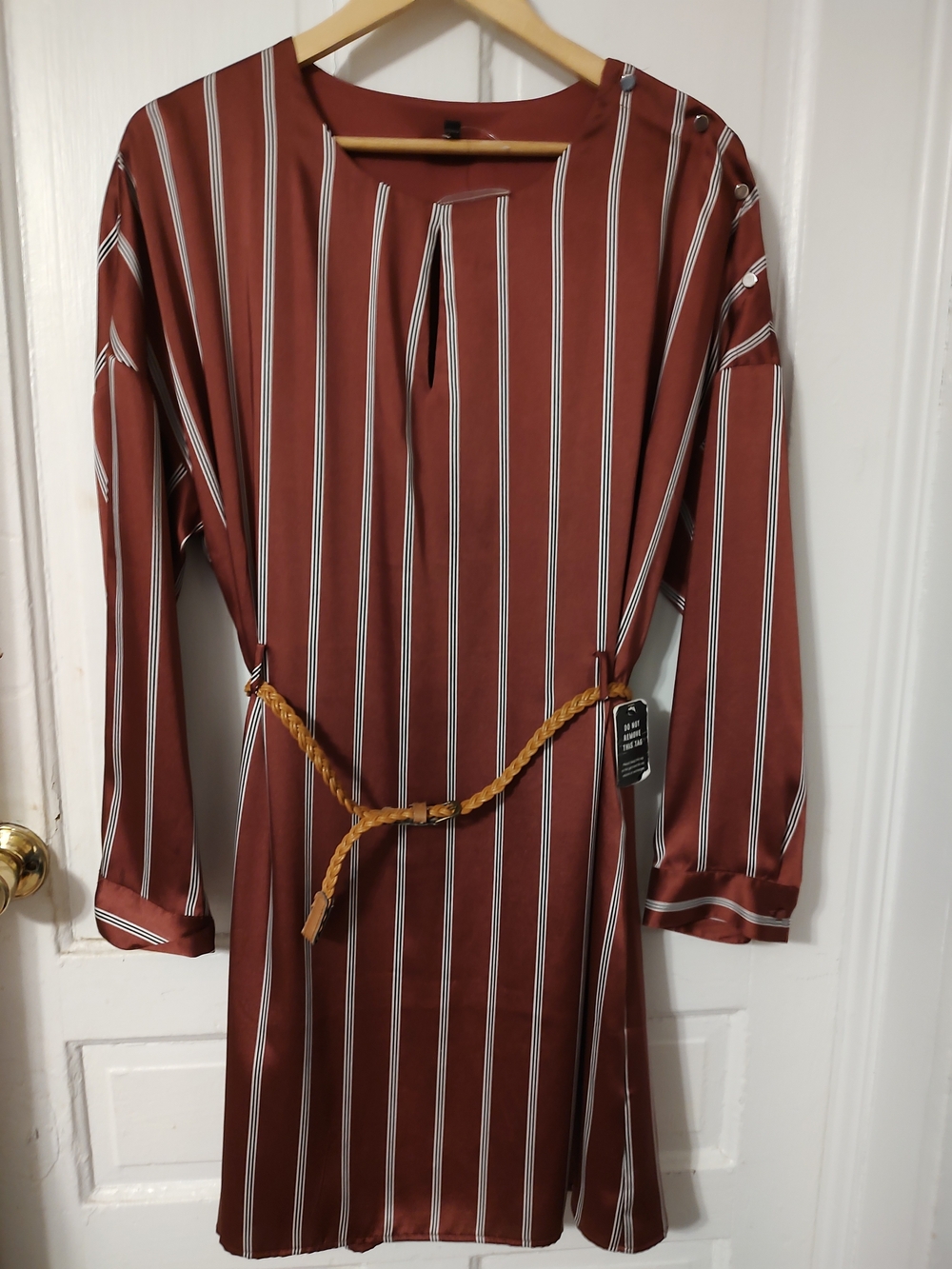 Express Rust Brown Striped Long Sleeve Belted Dress